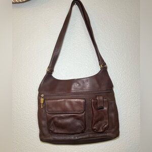 Fossil Dark Brown Soft Leather Double Handle Shoulder Bag Outside Pockets